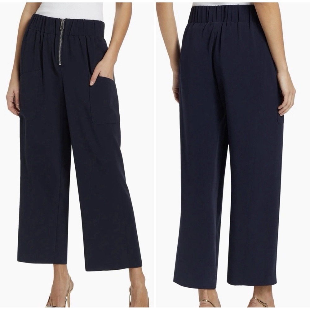 Cinq‎ A Sept Austine Twill Crop Pants Navy Wide Leg Front Zip Size 4 Careerwear